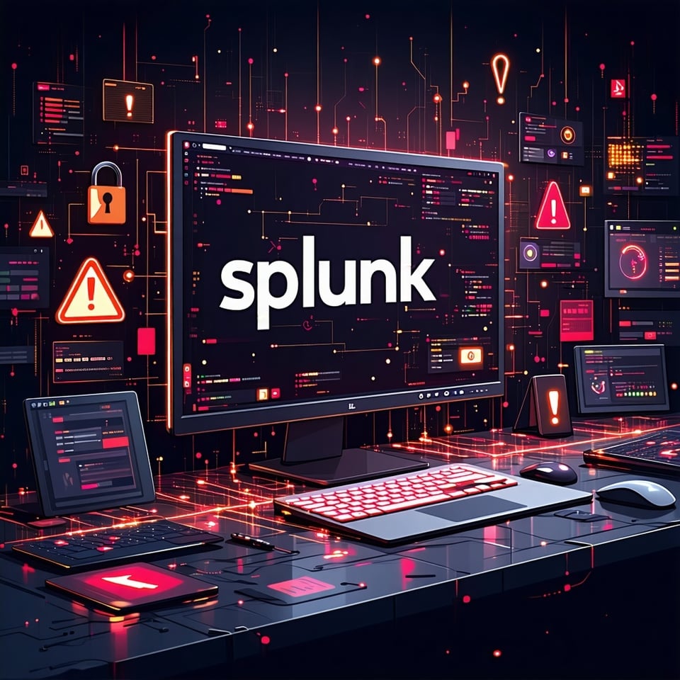 A professional cybersecuritythemed digital illustration showing a secure operations dashboard with the Splunk logo partially obscured by glowing red warning symbols exclamation marks and code snippets Represent multiple threat vectors like phishing c-3