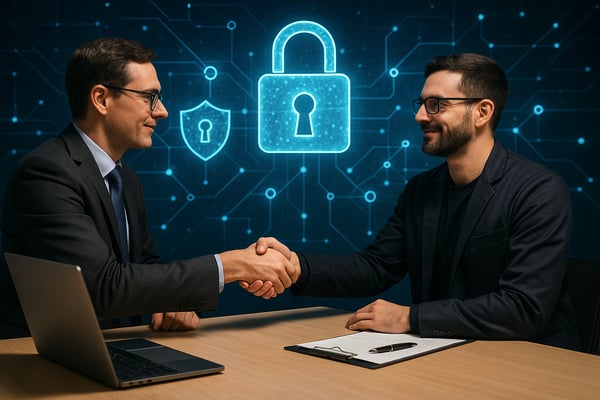 A professional cybersecuritythemed image showing a business professional shaking hands with a cybersecurity expert in front of a digital background with glowing locks shields and secure network icons The atmosphere should convey trust professionalism-1