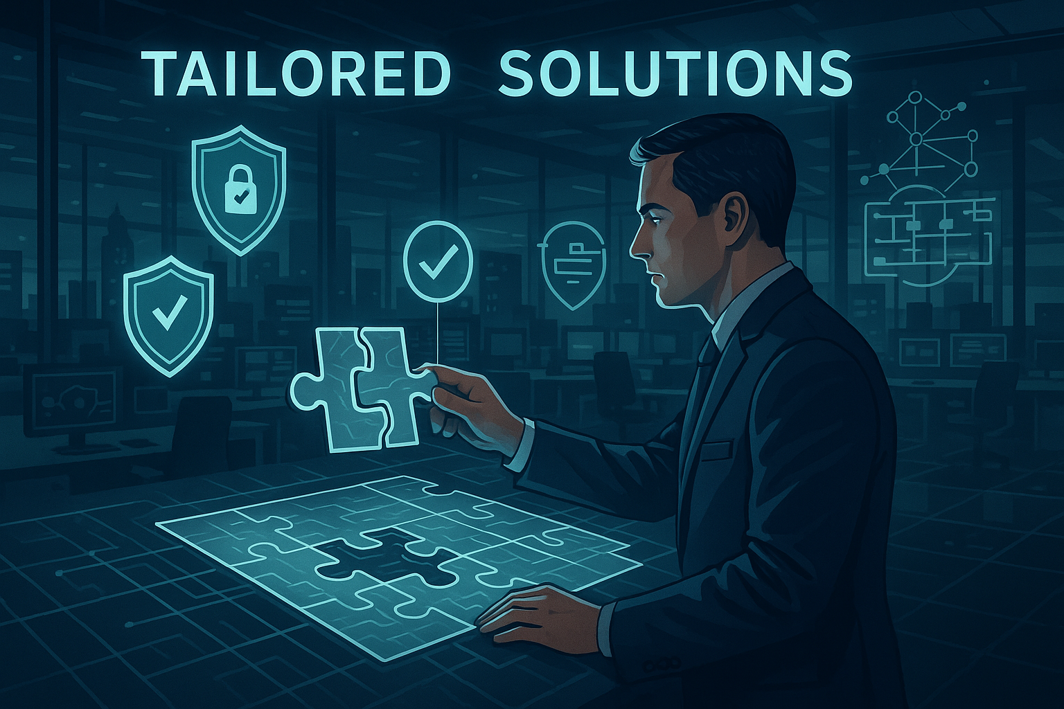 A professional futuristic cybersecurity scene showing a tailored clientfocused approach A digital blueprint or puzzle adapts perfectly to fit a unique companys infrastructure with holographic overlays of security shields compliance checkmarks and net-2