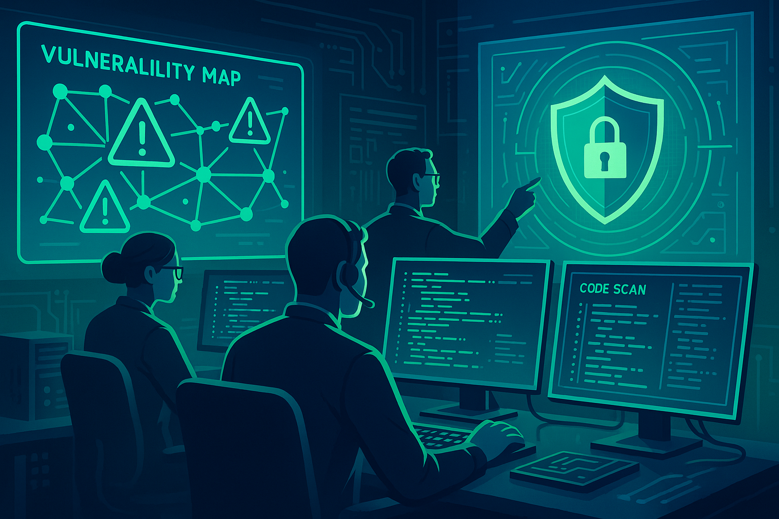A sleek modern cybersecuritythemed illustration showing a team of ethical hackers in a futuristic operations center analyzing networks Holographic screens display vulnerability maps code scans and digital shields A deep blue and neon green color sche-1
