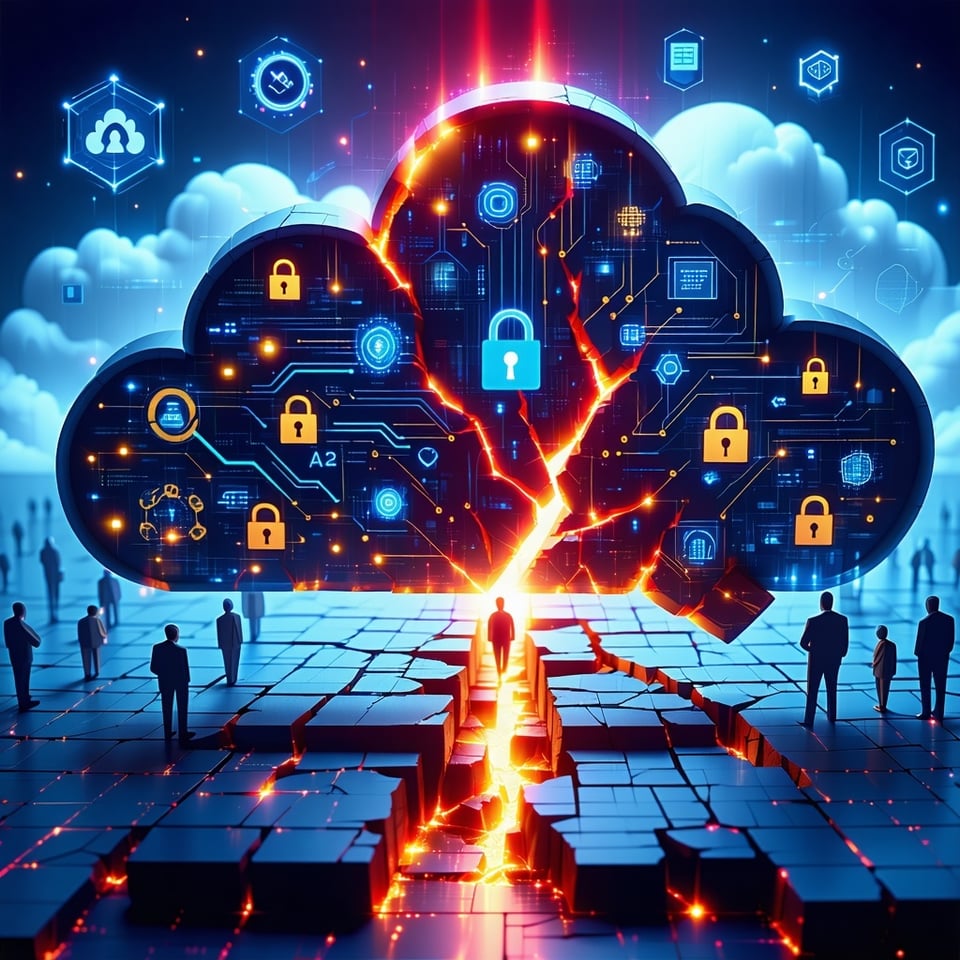 A symbolic digital landscape showing a secure Azure cloud infrastructure partially exposed by a glowing red vulnerability crack Inside artificial intelligence elements like circuitbrain icons or machine learning nodes are visible with a shadowy lowpr-3