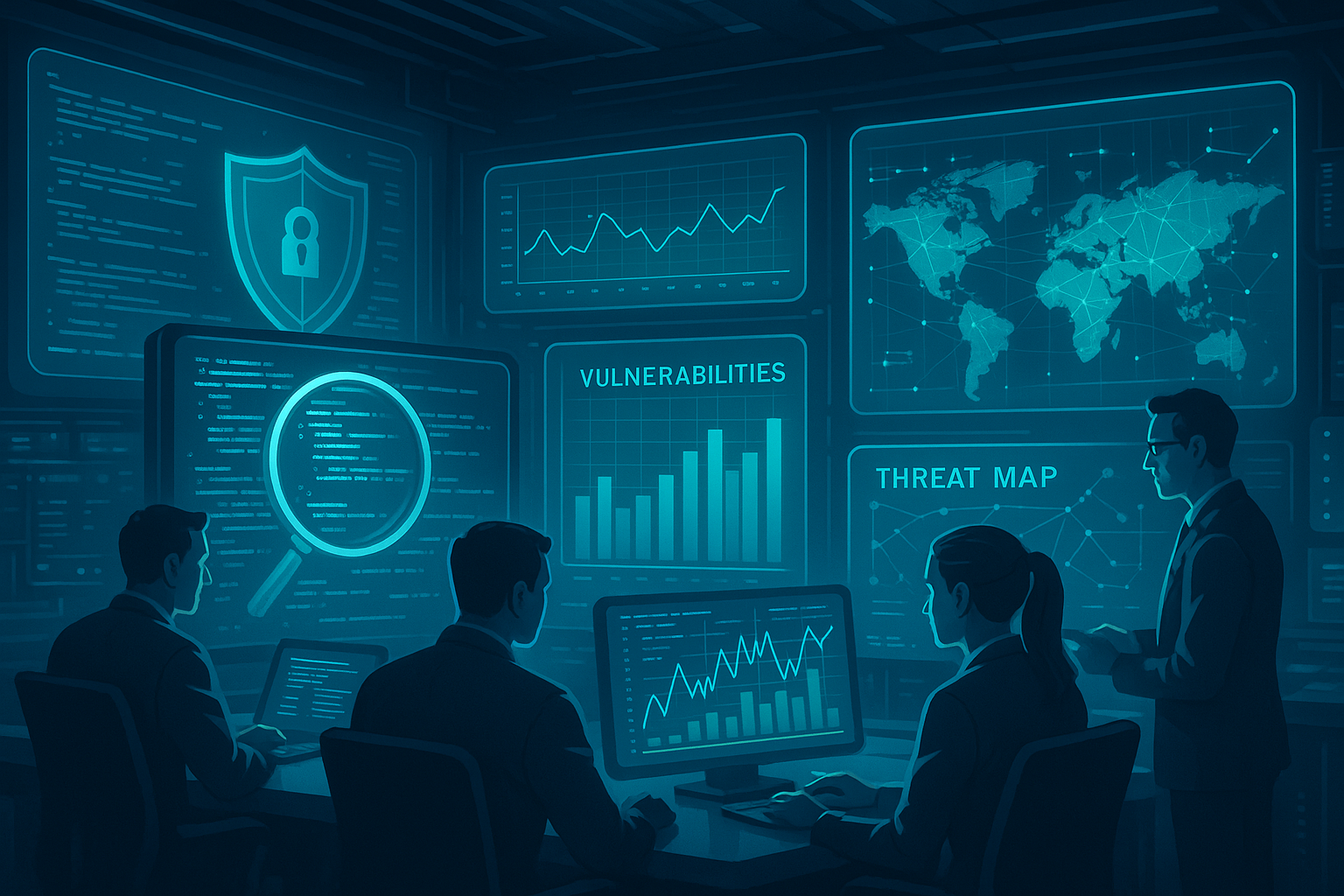 Futuristic cybersecurity analysis scene with experts reviewing holographic data vulnerability charts and threat maps Hightech command center with glowing blue and teal interfaces magnified code sections and security shield icons Atmosphere conveys pr-1