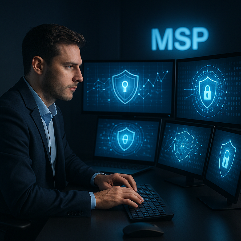Realistic IT professional working on multiple screens with cybersecurity visuals shields analytics lock icons Dark modern background with glowing blue highlights The word MSP subtly displayed Clean sleek and professional design-1