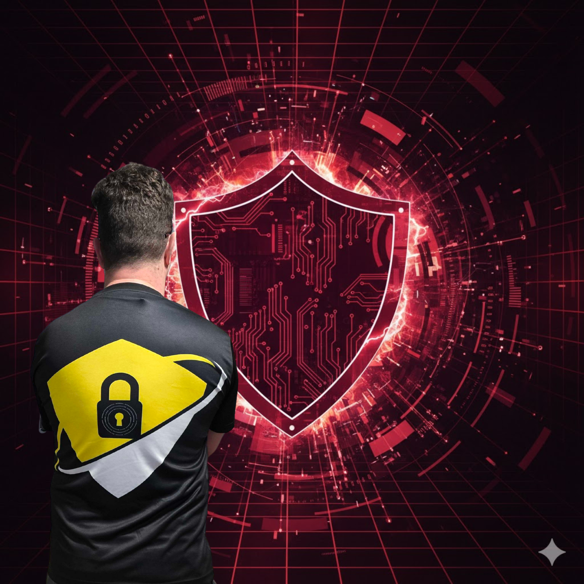 Cybersecurity professional standing in front of a glowing digital shield interface, symbolizing advanced cyber protection and network security