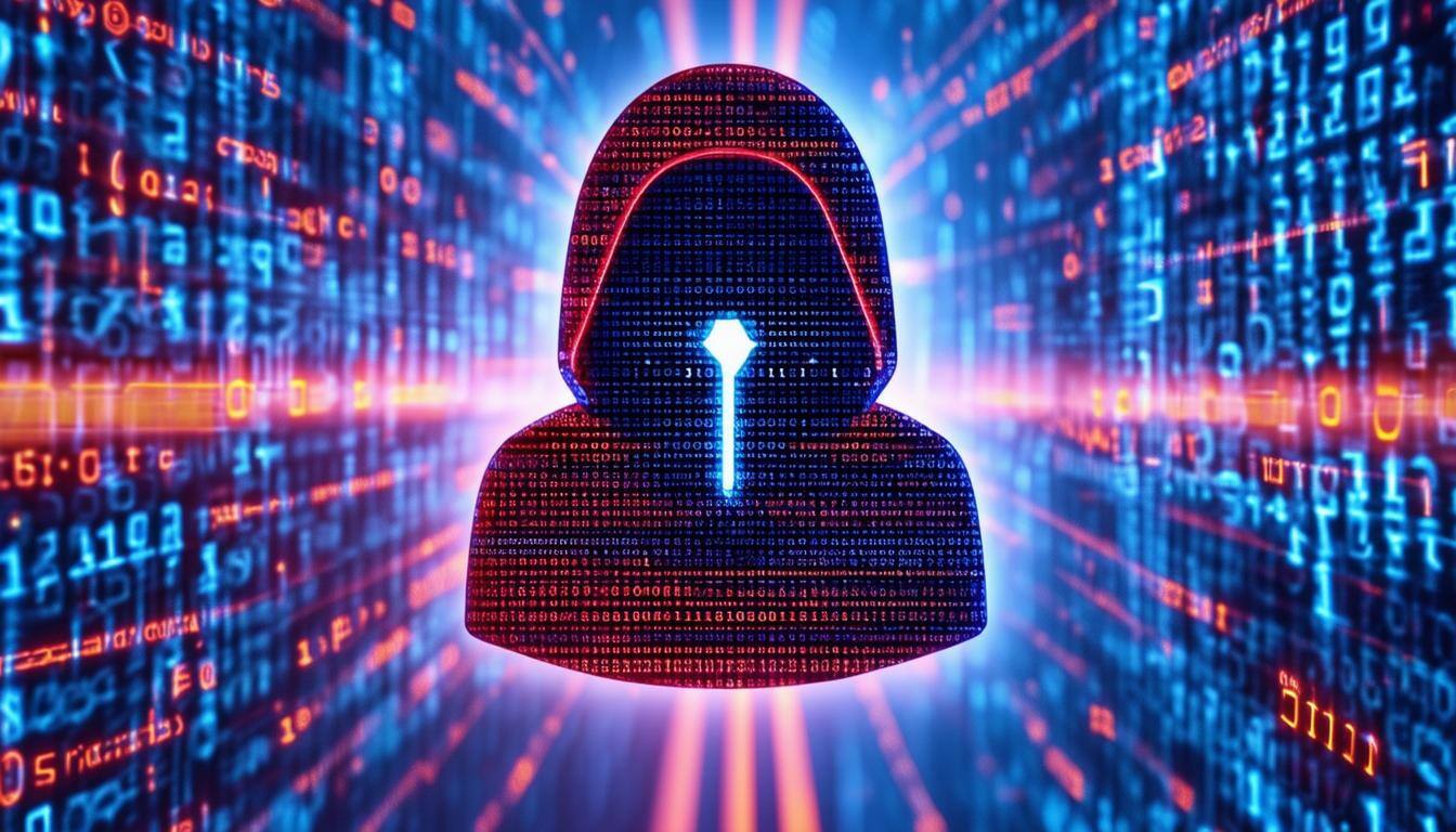 A hacker symbol overlaid on a background of code, A hacker symbol overlaid on a background of code,