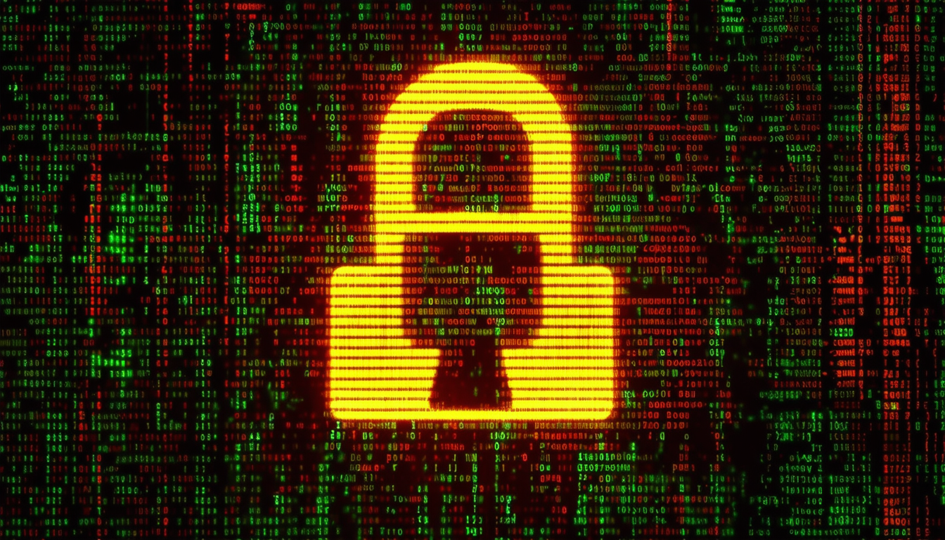 A hacker symbol overlaid on a background of code,