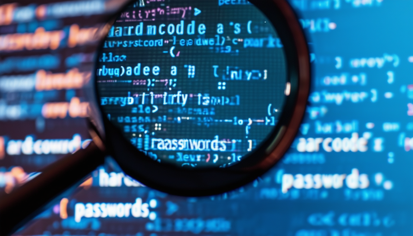A magnifying glass inspecting lines of code, highl