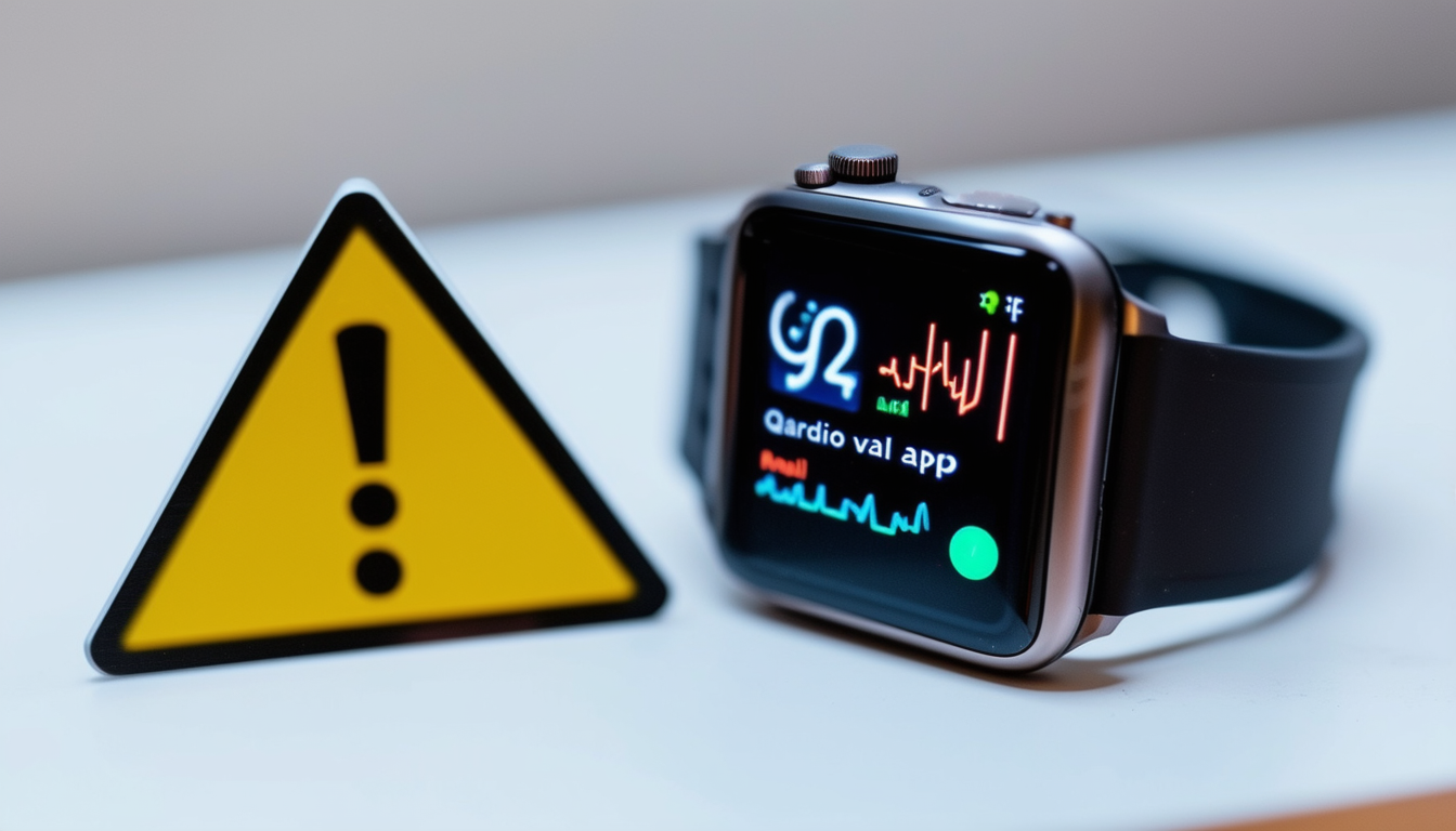 A smartwatch displaying health data beside a warni