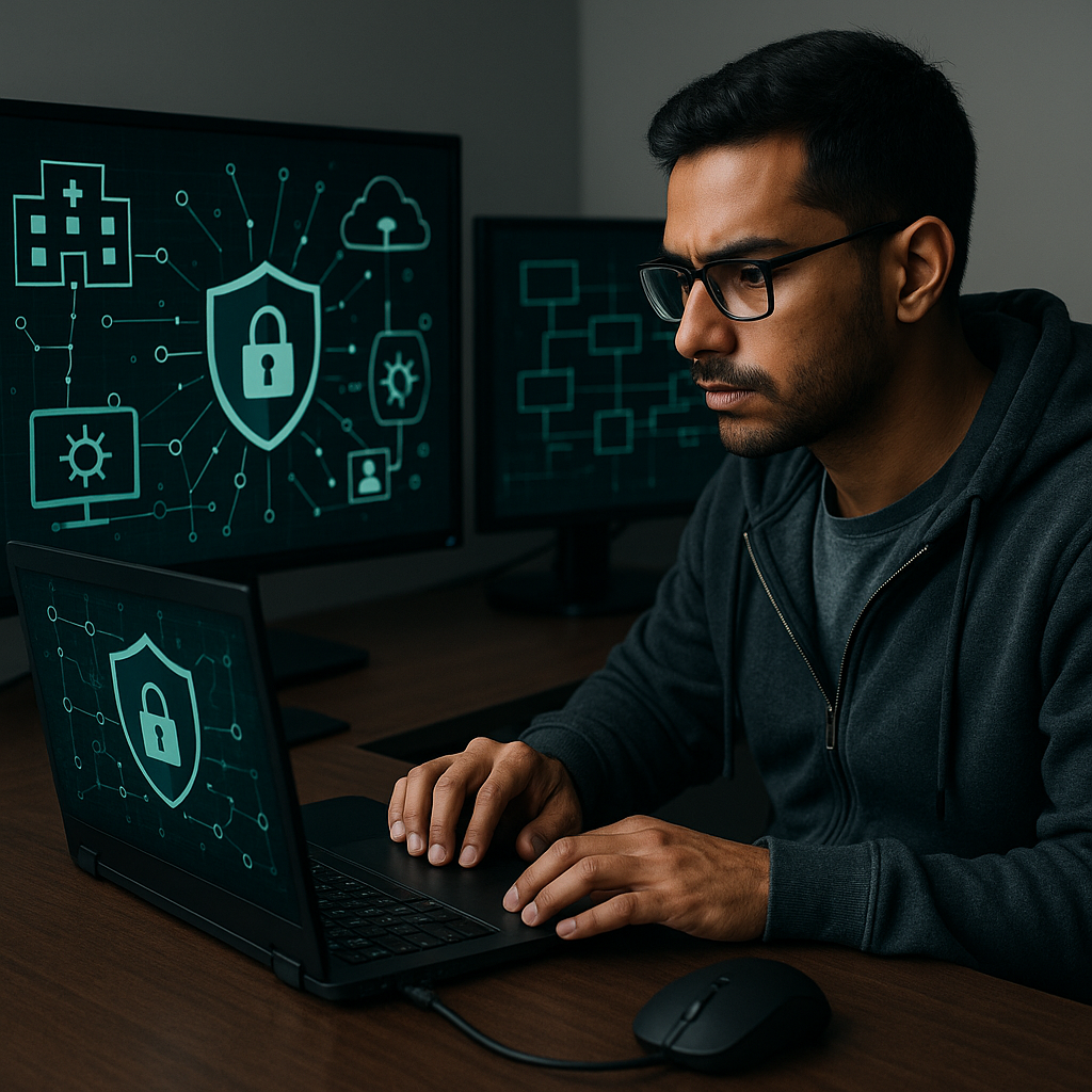 Cybersecurity professional conducting penetration testing on healthcare systems with clean visualization of network security assessment