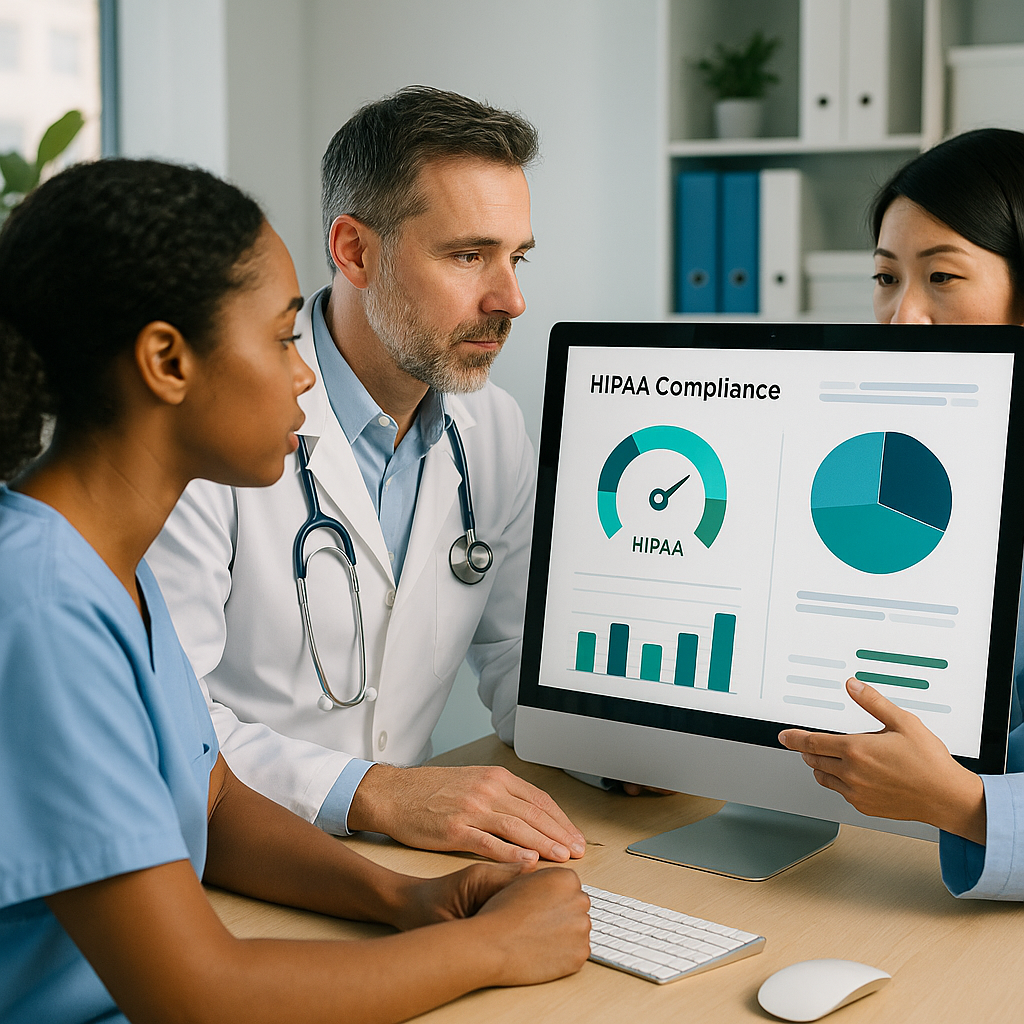Healthcare professionals reviewing secure data analytics dashboard showing HIPAA compliance metrics and ROI benefits