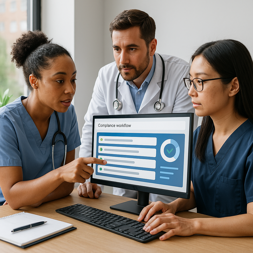 Healthcare team collaborating on compliance workflow with IntegSec's streamlined dashboard showing completed security milestones