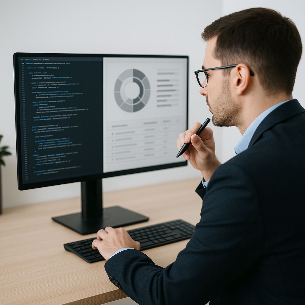Professional security analyst reviewing application code with OWASP ASVS framework on a clean, minimalist dashboard interface
